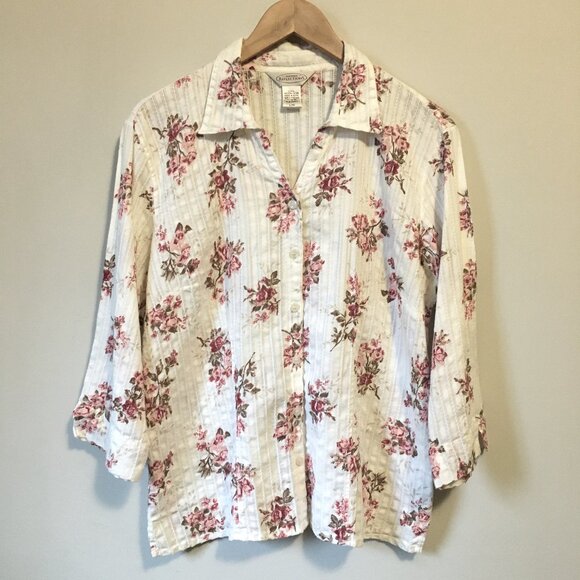 Northern Reflections White, Pink and Red Floral Cotton Button Down Dress… - Picture 1 of 16
